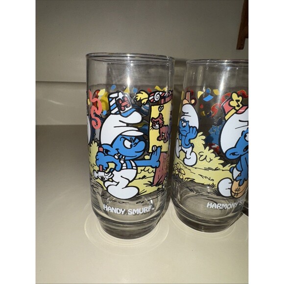 Smurf Collector Glasses Wallace Berrie PEYO 1983 Lot 4 Harmony Handy Papa Clumsy - Picture 2 of 16